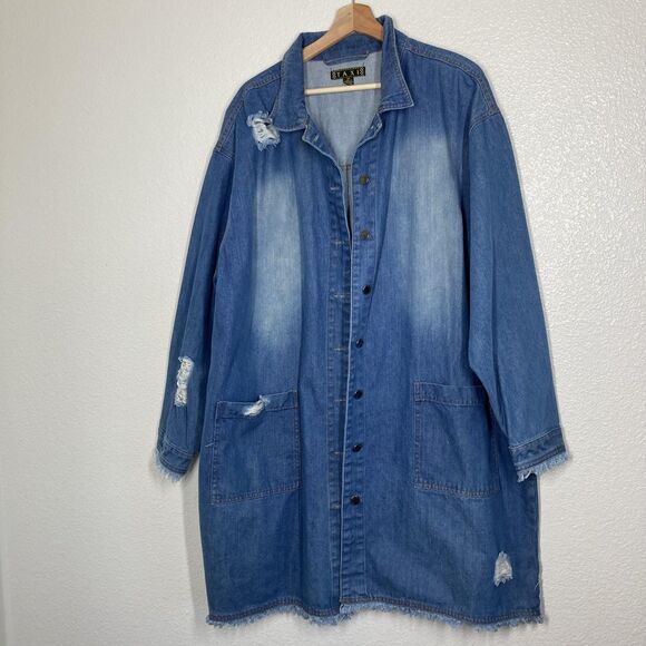 Taxi Denim Jacket Womens 3X Blue Distressed Longline Button Front Jean Coat - Picture 3 of 16